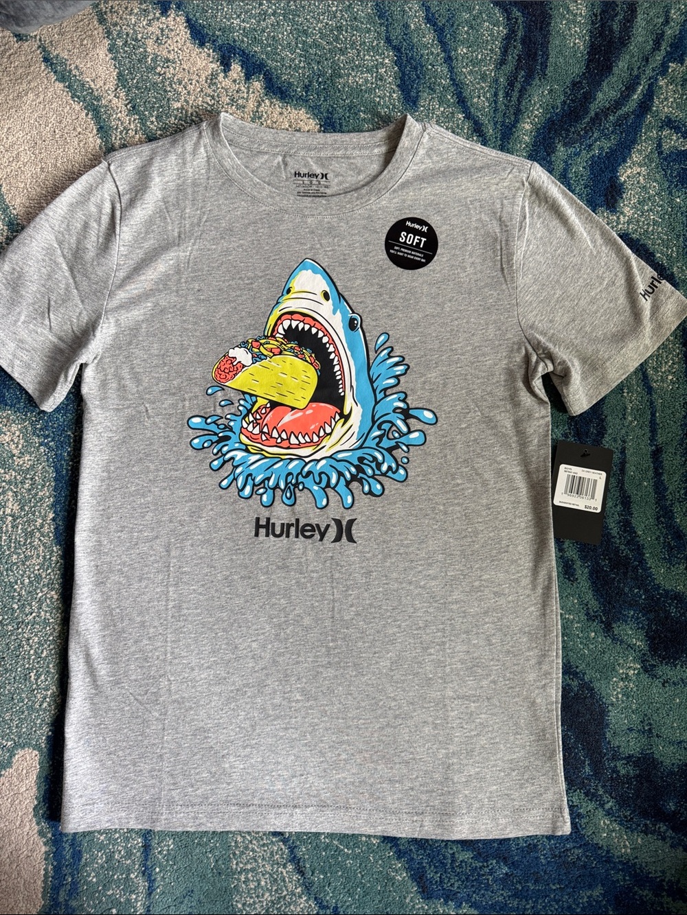 New, Hurley Grey Shark Eating a Taco Graphic Tee, Boys Large